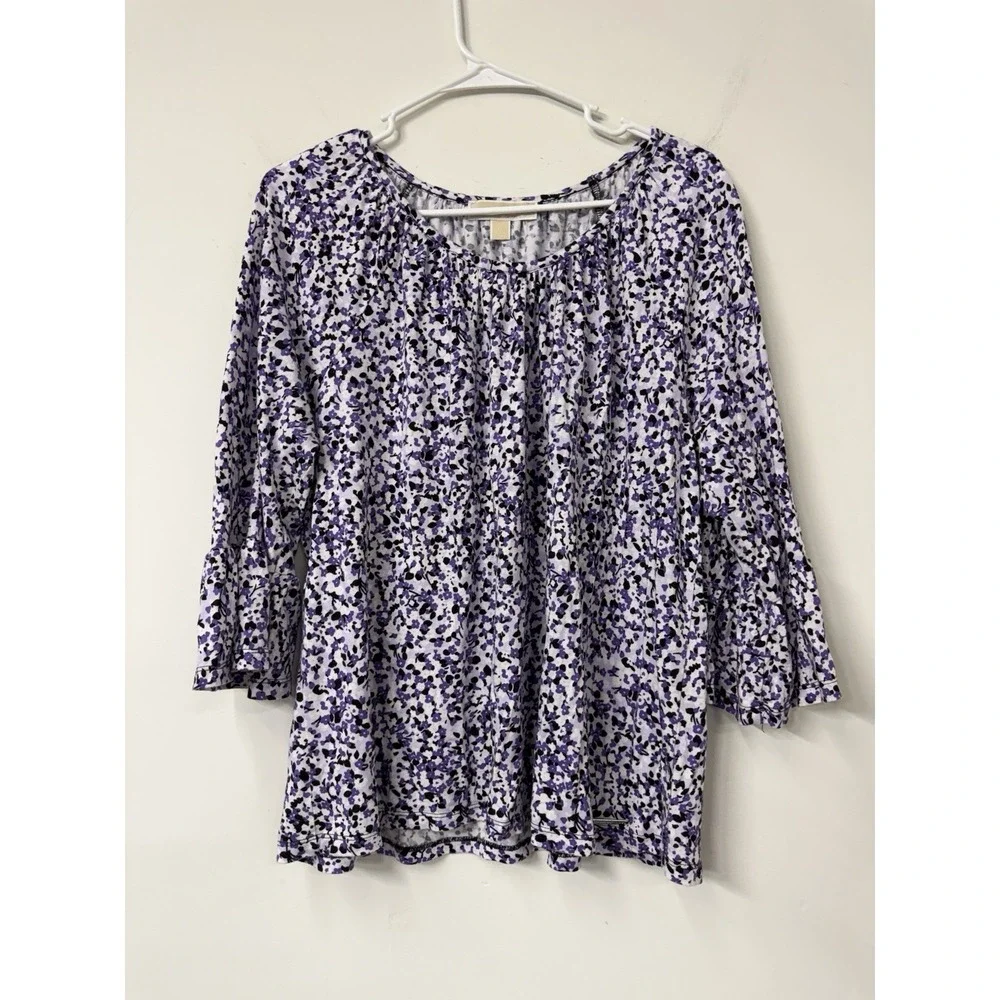 Michael Kors Women's XL Purple Floral Pebbles Peasant Romantic Knit Blouse Shirt